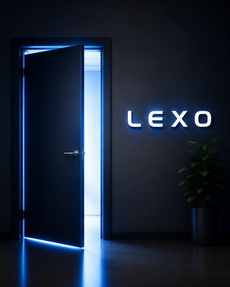 An open door glowing with blue light beside the illuminated LEXO mark