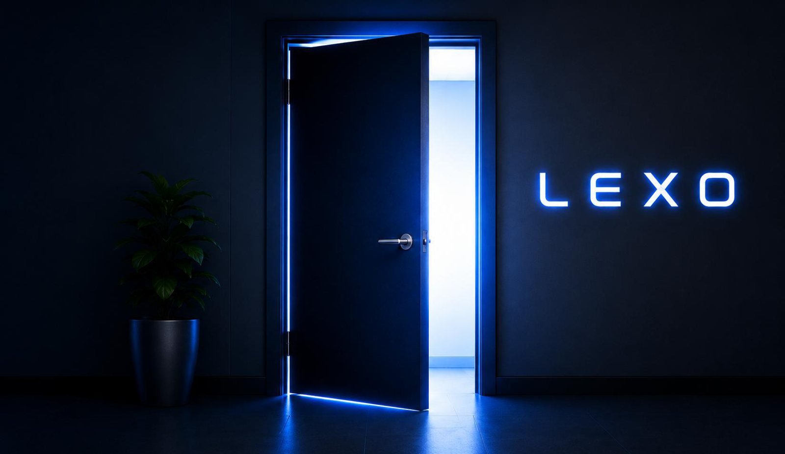 A softly lit door opening with the Lexo logo glowing on the wall