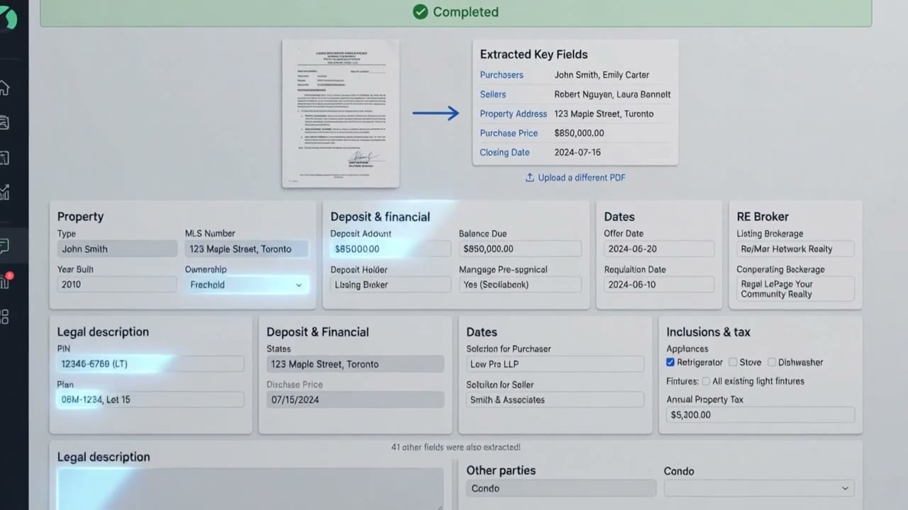 Lexo showing key fields extracted from an Agreement of Purchase and Sale