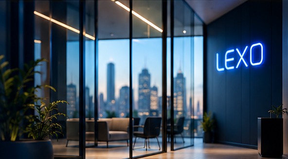 A glass-walled office at dusk with the LEXO name lit in blue neon