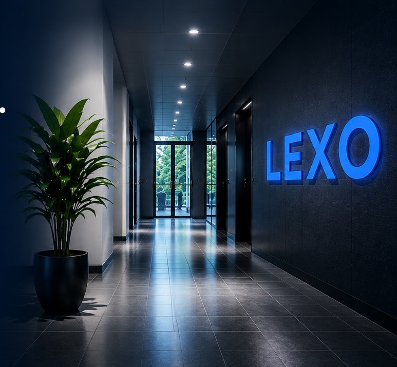 A dark modern law-firm hallway with the LEXO logo glowing in blue on the wall