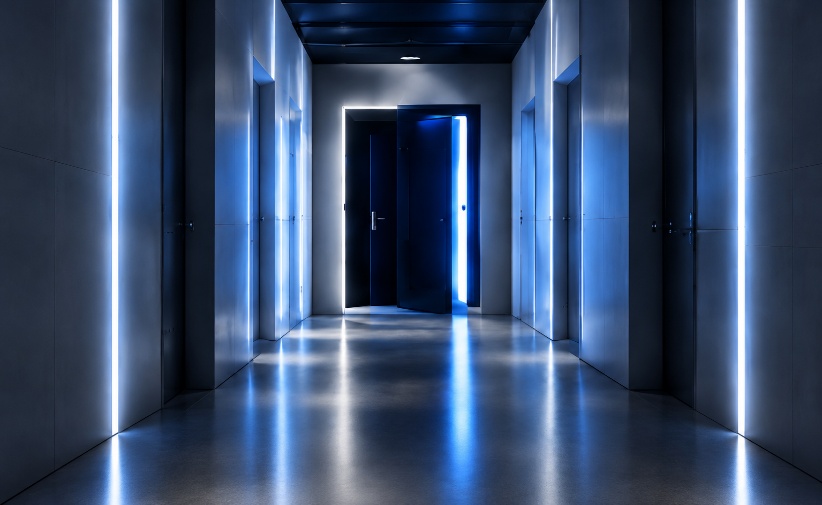A softly lit corridor of doors opening toward light