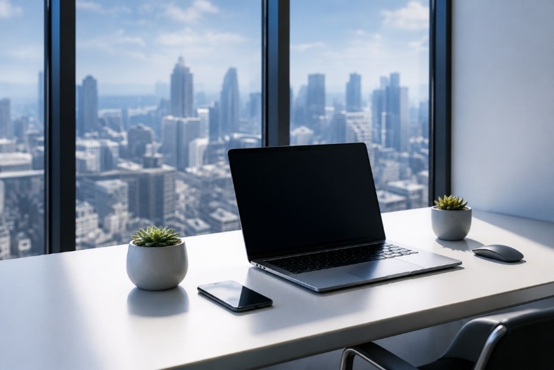 A laptop on a desk overlooking a city skyline
