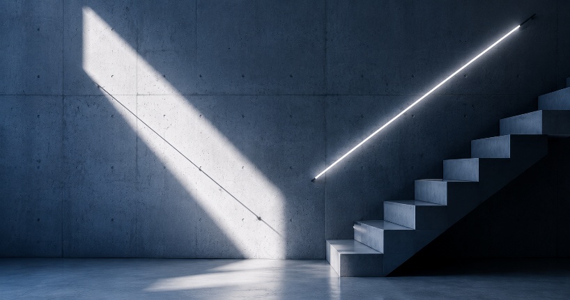 A concrete stairwell lit by a clean line of light
