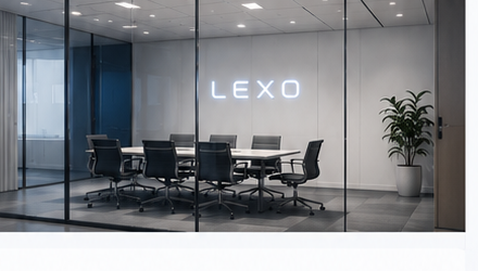 A modern glass boardroom with the LEXO mark — a professional, compliant legal environment