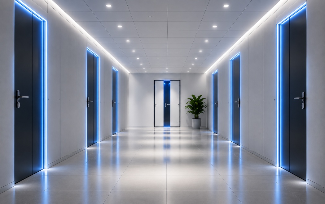 A bright, clean corridor lined with blue-lit doors — secure access that stays welcoming