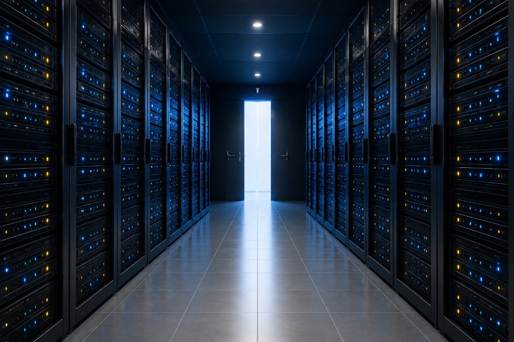 A secure data centre corridor representing enterprise-grade infrastructure hosting Lexo