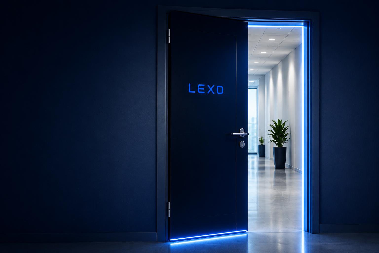 A dark door with blue neon light opening to a bright hallway — symbolising secure access