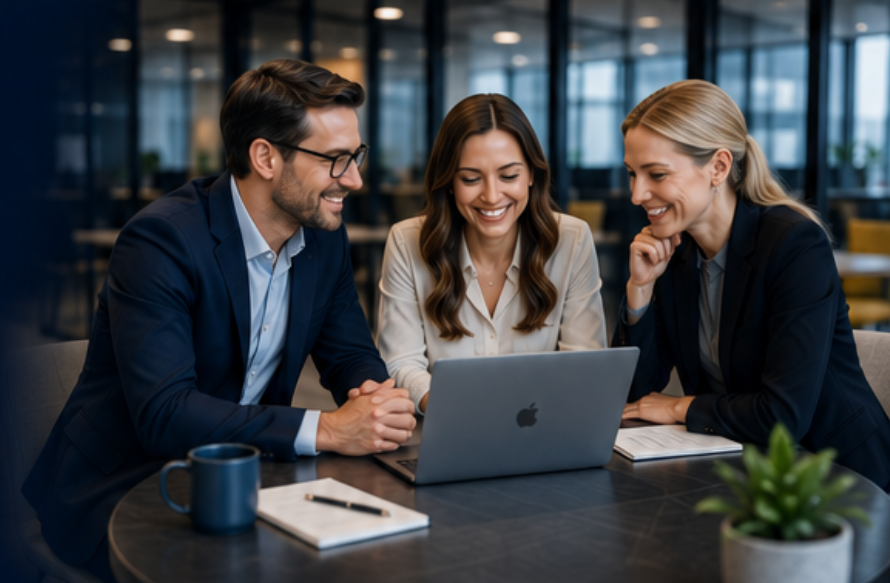 Legal professionals collaborating over a laptop in a modern office